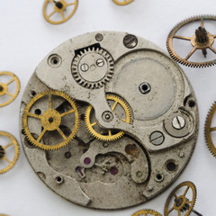 Vintage broken clockwork  on the white background. Scattered mechanisms.Macro Mechanical Gear Background