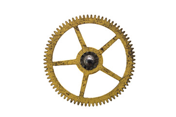 yellow rusty metal gear isolated on white background