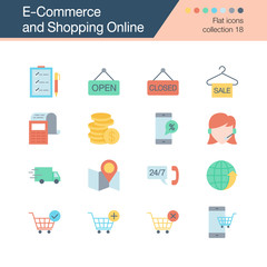E-commerce and Shopping online icons. Flat design collection 18. For presentation, graphic design, mobile application, web design, infographics.