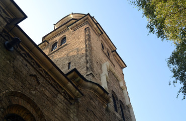 The tower of St.Nedelya Church in Sofia, Bulgaria. It is a medieval church that has been destroyed and reconstructed many times. The present building of the temple was inaugurated on 1867