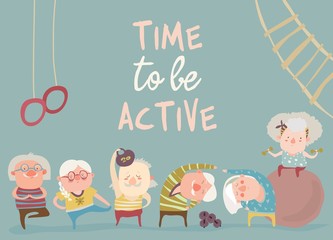 Cartoon elderly people doing exercises