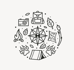 Adventure travel line art style. Compass, paws, backpack, tent, bonfire, camera, map for tourist symbol, travel badge, expedition label, explore emblem, hiking sticker, t-shirt design. Camping logo.