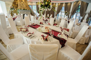 The banquet hall with round tables