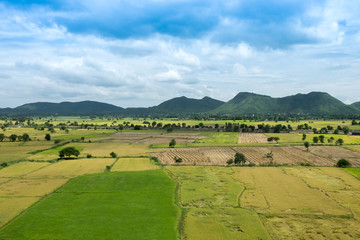 Fototapeta na wymiar Rice field and moutains in bird eye view landscape image.