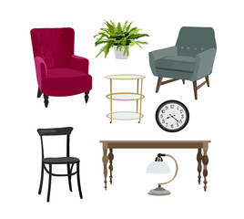 Blue furniture set elements collection. House home interior design.living room bedroom.sofa, table, plant, lamp, vase, mirror. Realistic cute beautiful bright decor. Modern vintage retro style.