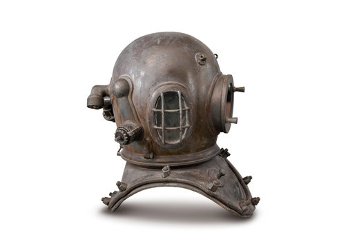 Old deep sea diving metal helmet isolated on white background