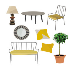 furniture set interior design element collection.sofa, table, lamp, mirror, cushions, pot tree plant.vintage retro modern classic hone decor decoration.bright, cute, yellow, isolated, stylish.