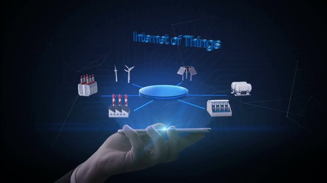 Lifting smart phone, mobile, Smart Factory, solar panel, wind generator, Hydroelectricity connect 'Internet of things', green energy. 4k movie.