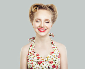 Cute retro vintage pin-up girl with closed eyes smiling. Expressive facial expressions