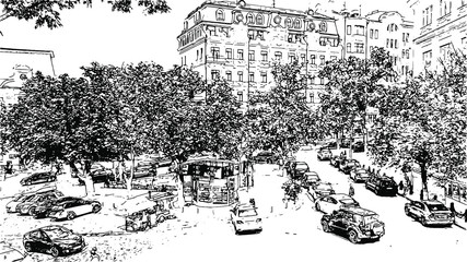 Andrew's Descent in Kiev. Ukraine - Artwork  black and white drawing sketch vector illustration