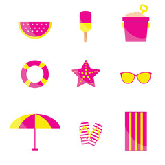 beach items in pink and yellow color illustration
