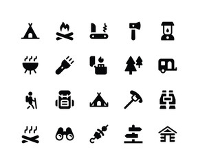 Simple Set of Camping Related Vector Glyph Icons. Contains such Icons as Camp, Fire, Knife, Hatchet, Lamp and More. pixel perfect vector icons based on 32px grid.