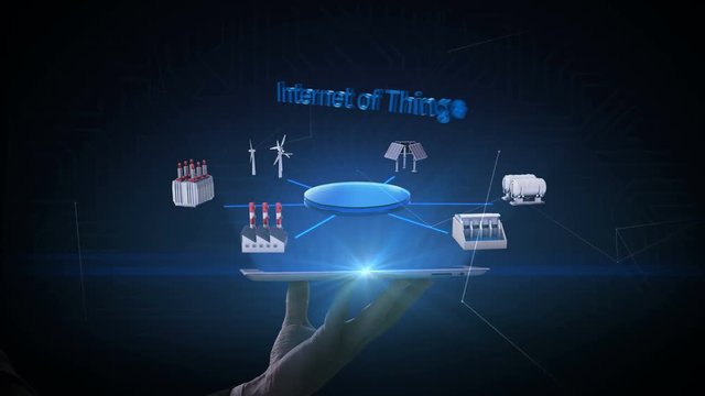 Lifting smart pad, tablet, Smart Factory, solar panel, wind generator, Hydroelectricity connect 'Internet of things', green energy. 4k movie.