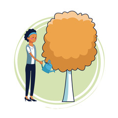 Woman watering beautiful tree cartoon vector illustration graphic design