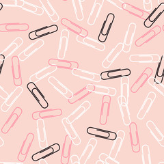 Paper Clips Seamless Vector Pattern Tile. Back to School Repeating Print. Pink, Black and White Paperclips Randomly Arranged on Blush Pink Background. Pattern Swatch is Included