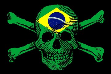 Pirate Style SKULL and CROSSBONES with BRAZIL Flag