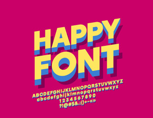 Vector Happy Font. Bright 3D minimalistic style Alphabet Letters, Numbers and Symbols