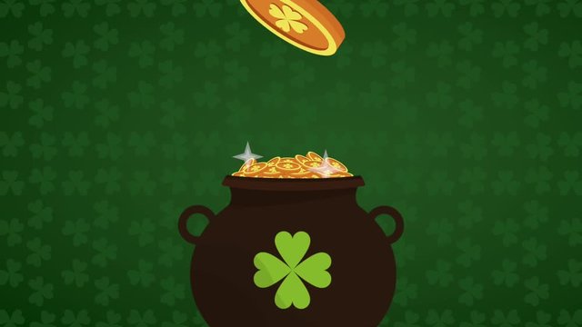 Pot with coins over green clovers background High definition animation colorful scenes