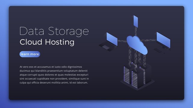 Data storage. Cloud hosting isometric concept. Modern data hosting technology hero image design