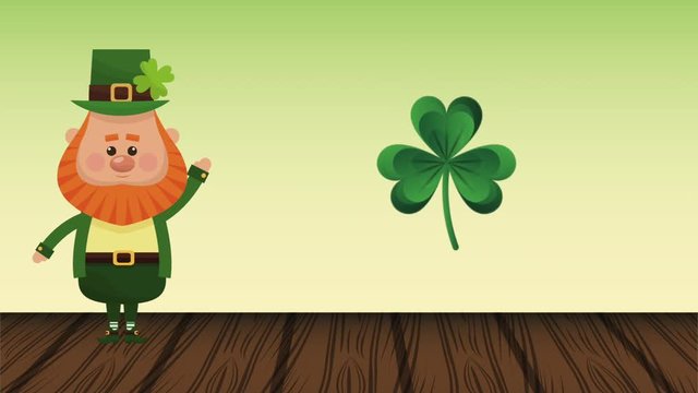 Cute elf with clover over wooden floor High definition animation colorful scenes