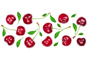 Sweet red cherries isolated on white background with copy space for your text. Top view. Flat lay pattern