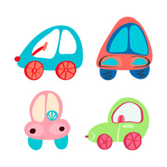 Set of four pastel cars on white background. Coloring book. Hand drawn. Childrens cars. Toys, car.
