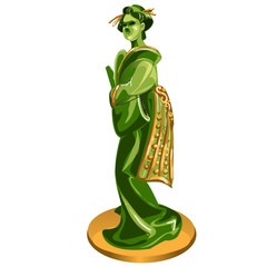 Geisha figurine made of jade isolated on white background. Statuette of nephrite in the Oriental style. Vector cartoon close-up illustration. © Lady-Luck