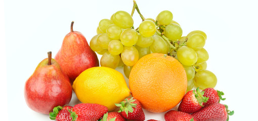 Fototapeta na wymiar Fruit and berries isolated on white background. Wide photo.
