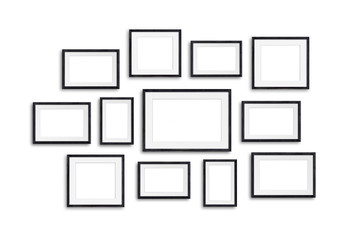 Black wooden photo frames mock up, twelve units set collage, 3d illustration