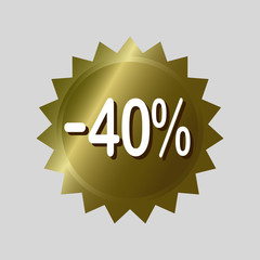 Price tag, '40% off' discount sticker. Golden vector label design on isolated background.