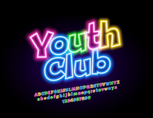 Vector neon sign Youth Club. Glowing colorful Font. Electric bright light Alphabet Letters, Numbers and Symbols
