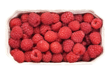Ripe red raspberry, isolated on white background. Top view. Close-up.