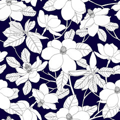 Seamless pattern with magnolia flowers and leaves on blue backgr