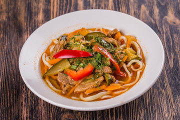 Traditional asian noodle lagman