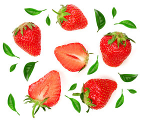 Strawberries decorated with green leaves isolated on white background. Top view. Flat lay pattern
