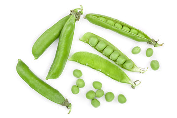 Fresh green pea pod isolated on white background. Top view. Flat lay
