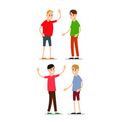 Young man standing and greet each other. Group of young people. Funny cartoon guy in various poses. Cartoon illustration isolated on white background in flat style