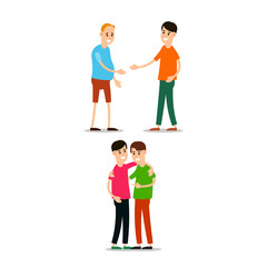 Young man standing and greet each other. Young people hugg each other. Funny cartoon guy in various poses. Cartoon illustration isolated on white background in flat style