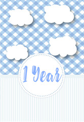 Fototapeta premium Birthday party - 1 year. Beautiful gentle blue baby metric with clouds and a badge