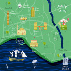 Hand drawn Antalya cartoon map. Postcard concept with the most interesting places for visit.