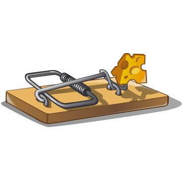Free cheese in a mousetrap isolated on white background. Vector cartoon close-up illustration.