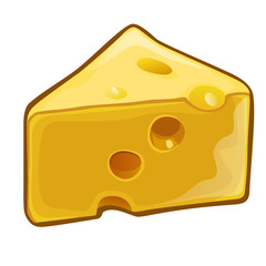 A piece of cheese with holes isolated on white background. Dairy product, attribute of healthy eating, fitness menu. Vector close-up cartoon illustration.