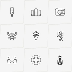 Summer line icon set with ice cream, butterfly and spectacles