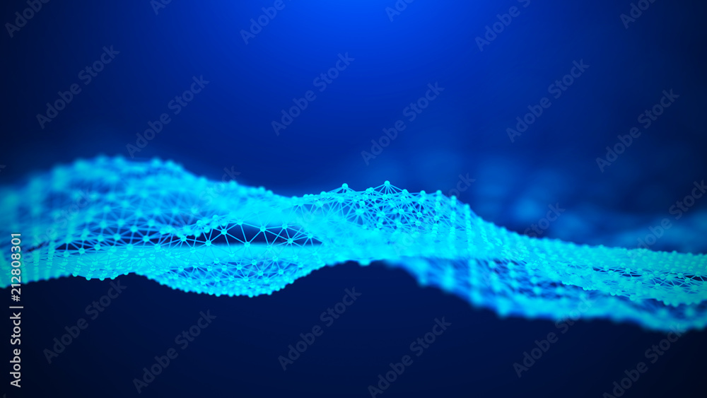 Leinwandbilder Music abstract blue background. Sound wave. Futuristic technology AI element. Big data visualization. Molecular background with connecting dots and lines. 3d rendering