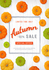 Autumn sale background. Vertical banner flyer in a rectangular frame with colored pumpkins on a white wooden table. Special seasonal offer, discount.  Vector illustration. Top view