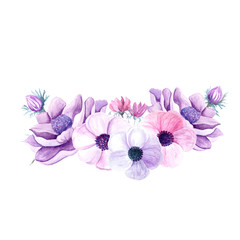 Purple flowers in watercolor.Floral composition with flowers, drawing watercolor. 