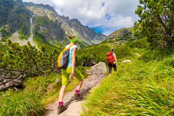 Young active girls hiking in High Tatras mountains, Slovakia - obrazy, fototapety, plakaty