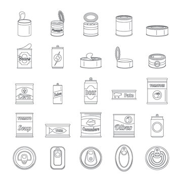 Tin can food package jar icons set. Outline illustration of 25 tin can food package jar vector icons for web