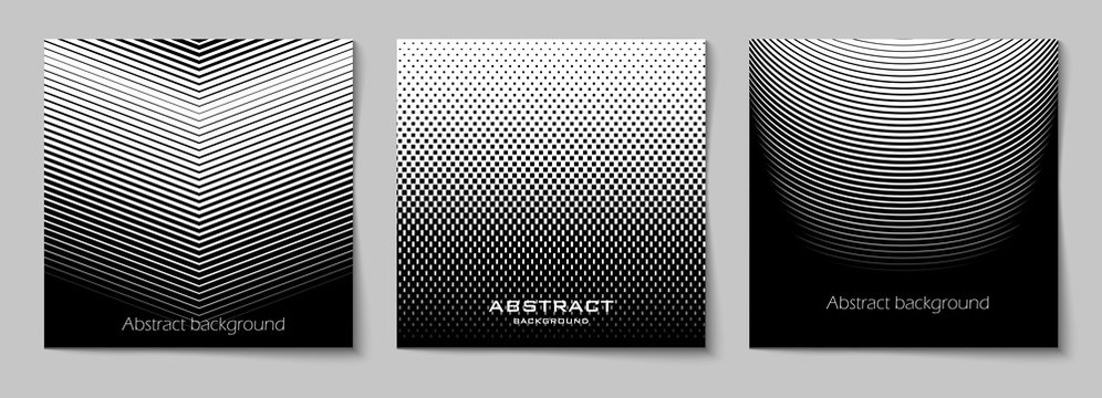 Set of square abstract backgrounds with halftone pattern in black and white colors. Design template of flyer, banner, cover, poster. Vector illustration