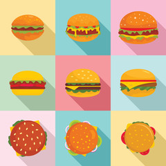 Burger sandwich bread bun icons set. Flat illustration of 9 burger sandwich bread bun vector icons for web